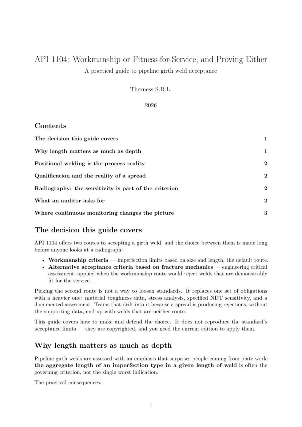 First page of the Therness guide: API 1104: Workmanship or Fitness-for-Service, and Proving Either