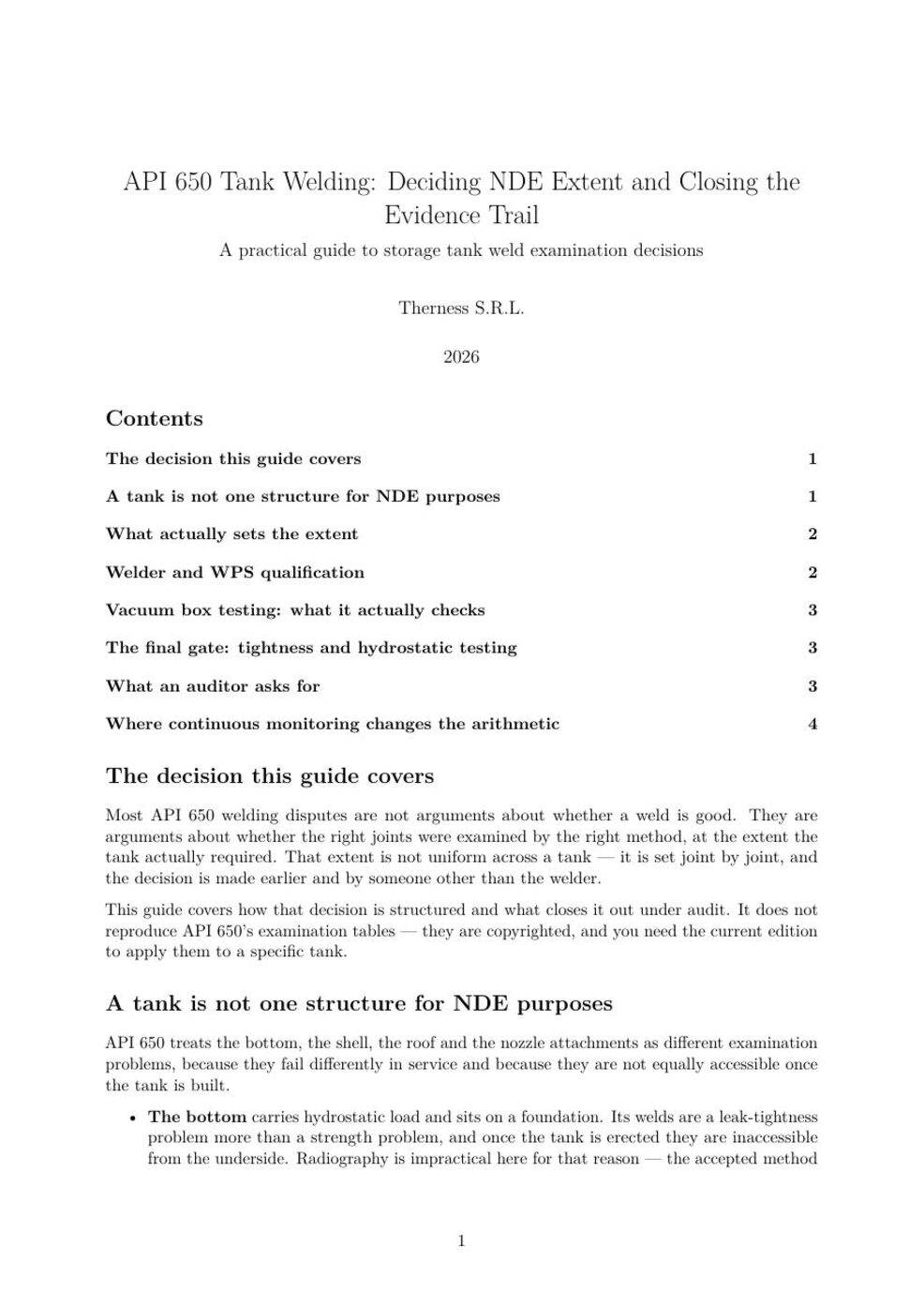 First page of the Therness guide to API 650 tank weld inspection