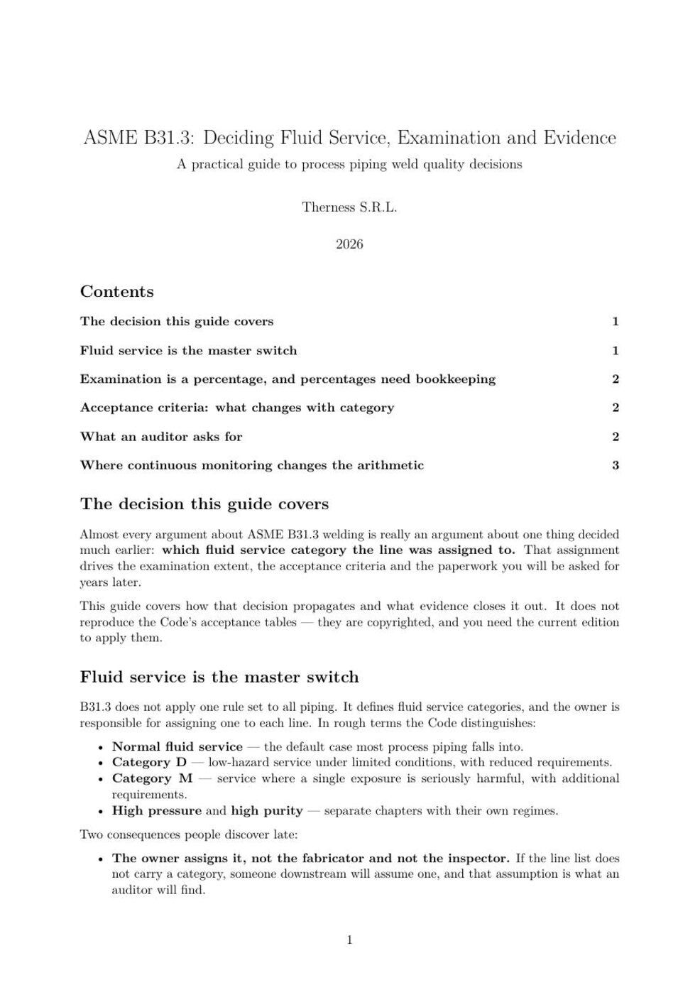 First page of the Therness guide: ASME B31.3: Deciding Fluid Service, Examination and Evidence