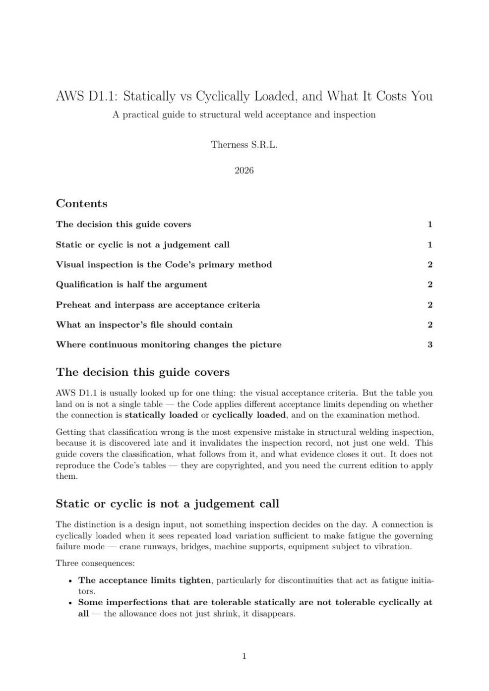 First page of the Therness guide: AWS D1.1: Statically vs Cyclically Loaded, and What It Costs You