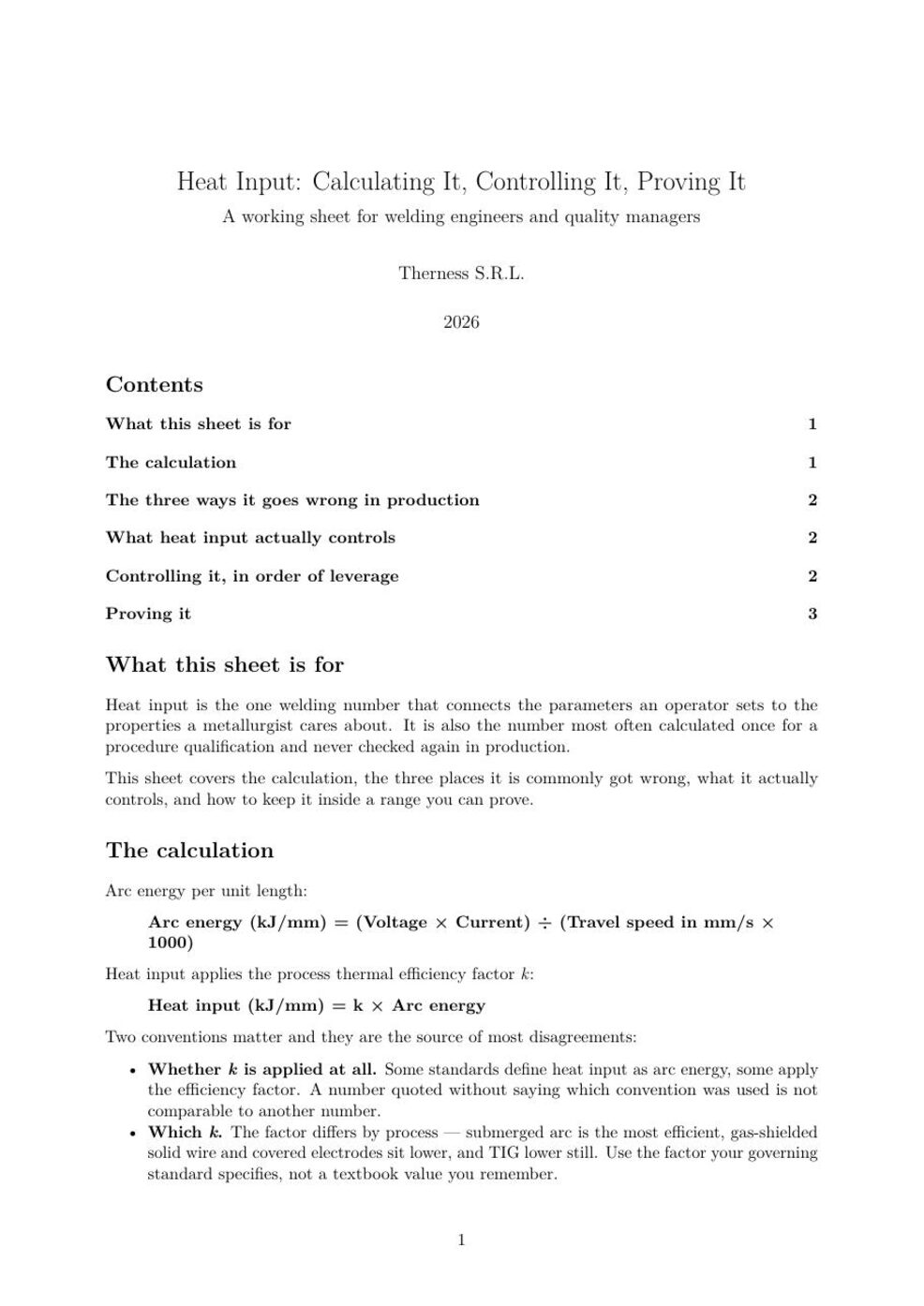 First page of the Therness guide: Heat Input: Calculating It, Controlling It, Proving It