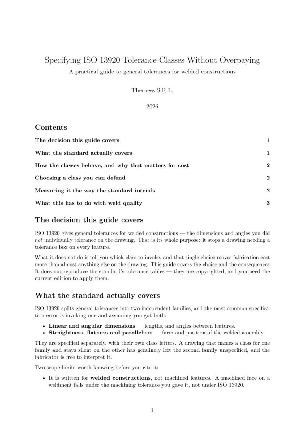 First page of the Therness guide: Specifying ISO 13920 Tolerance Classes Without Overpaying