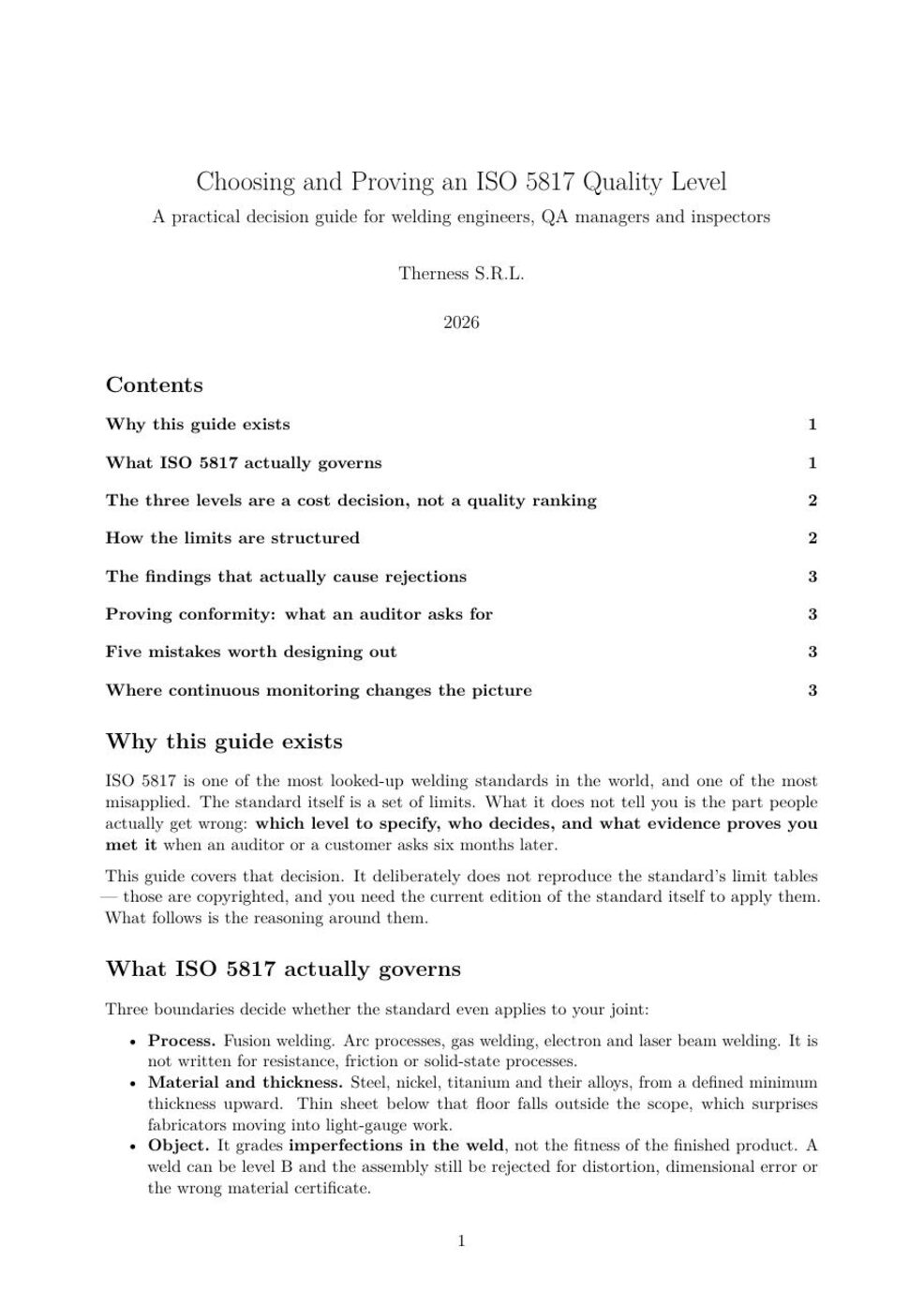 First page of the Therness guide to choosing an ISO 5817 quality level