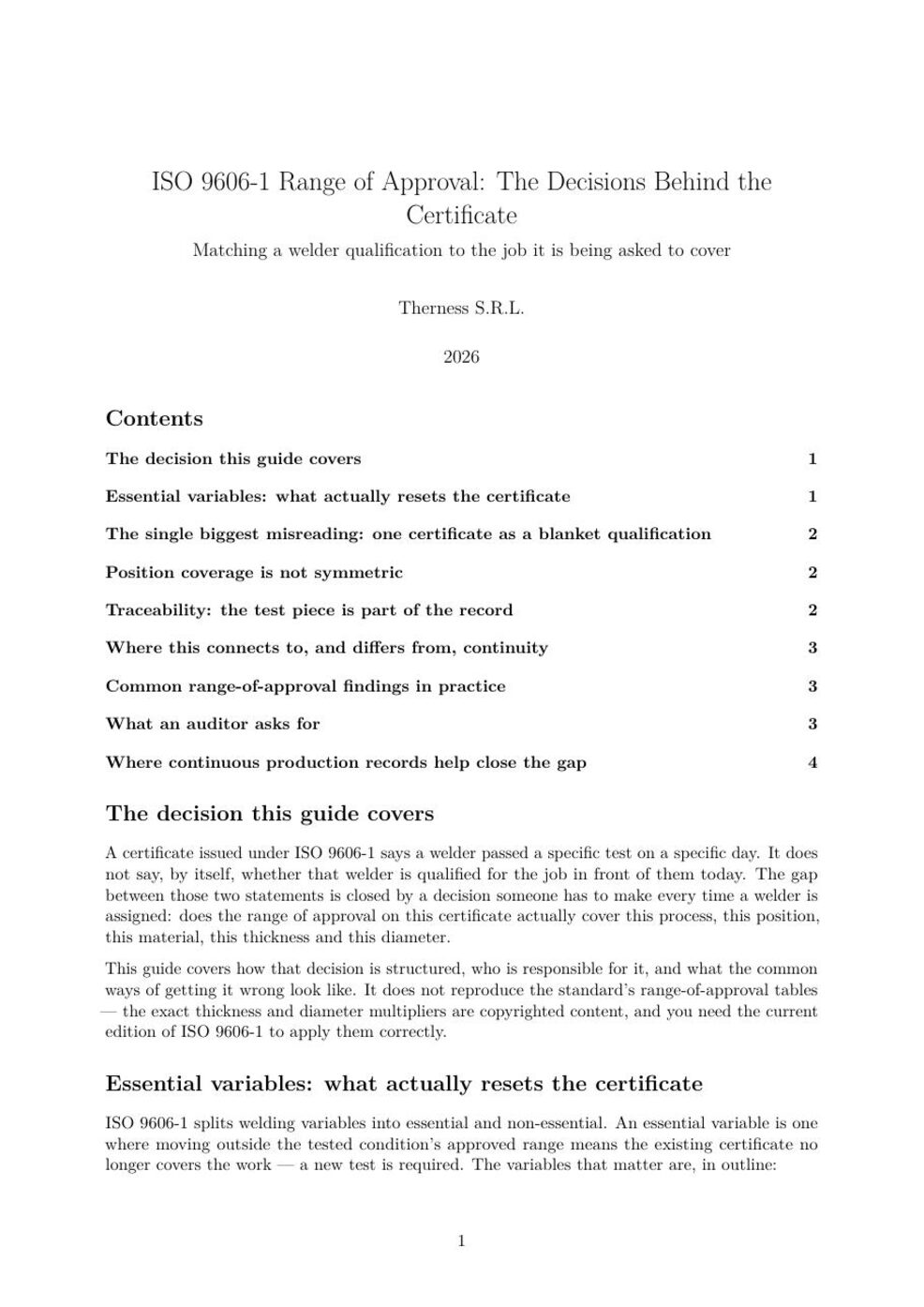 First page of the Therness guide to ISO 9606-1 range of approval
