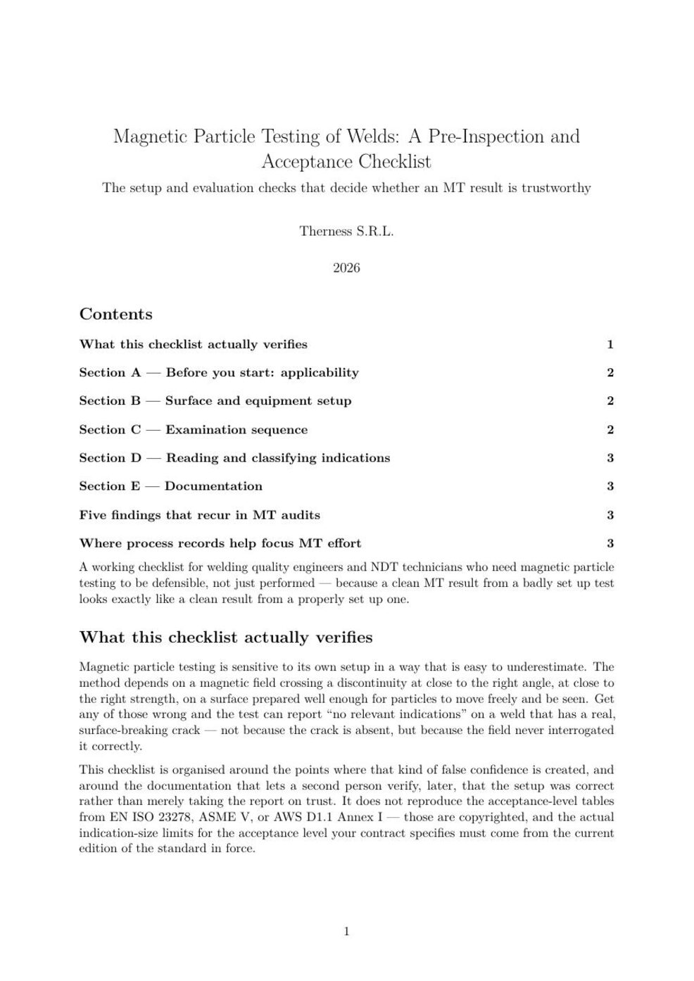 First page of the Therness Magnetic Particle Testing weld checklist