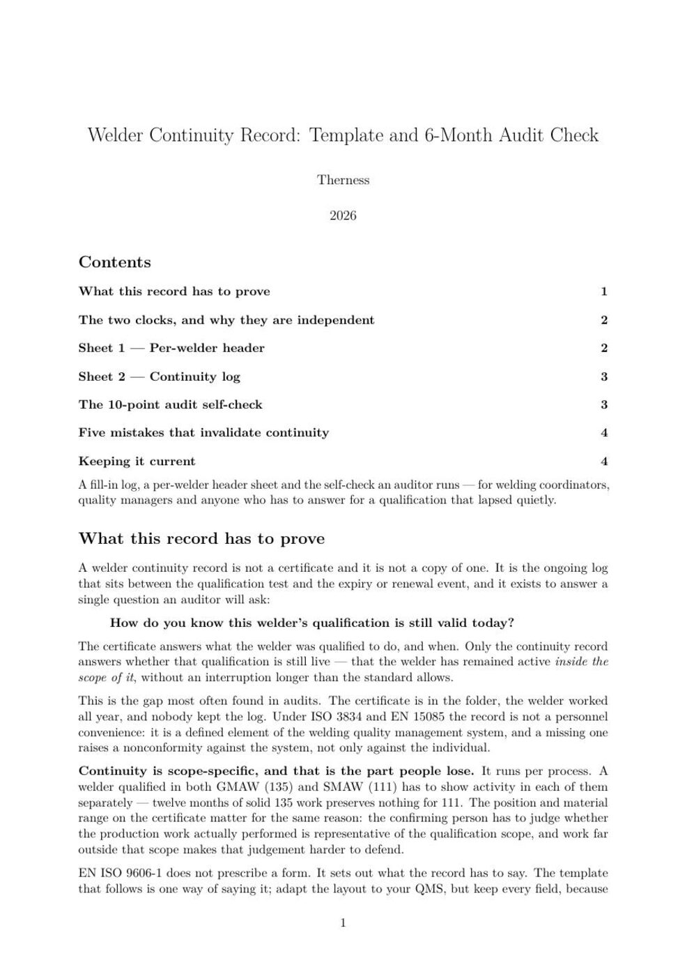 First page of the Therness welder continuity record template